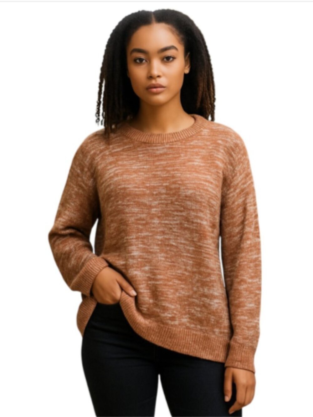 A New Day Large Sweater Cotton Blend Orange Tan White Side Slits Ribbed Neck Hem